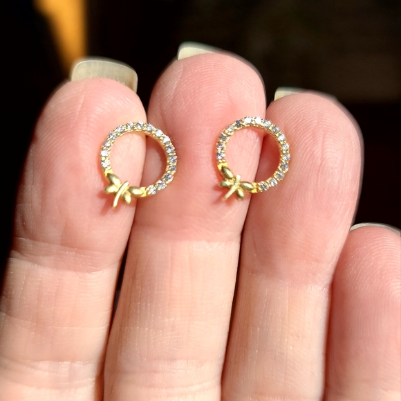 Dainty dragonfly on a circle of white Topaz sterling & gold Earrings - Picture 4 of 6